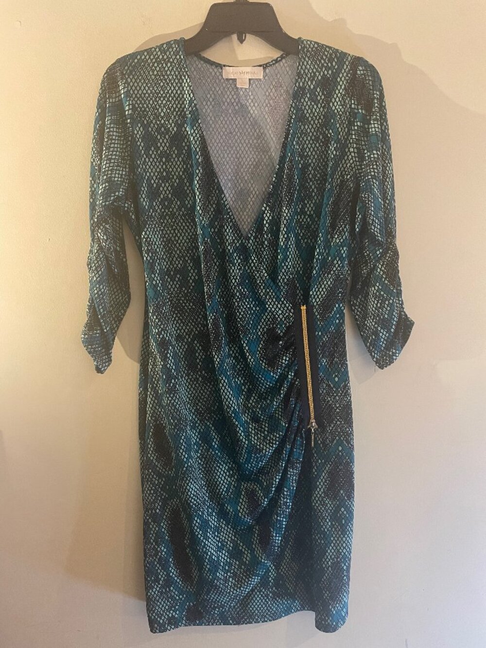 Nicki Minaj Teal Black Snakeskin Print Ruched Dress Size L Gold Zipper